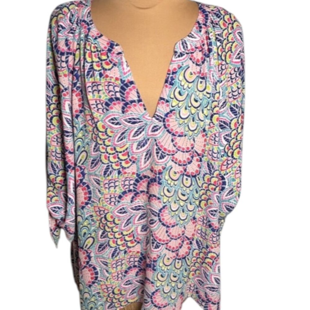Pappagallo Peacock Print Blouse V Neck 3/4 Sleeve Tie Cuff XL Tropical